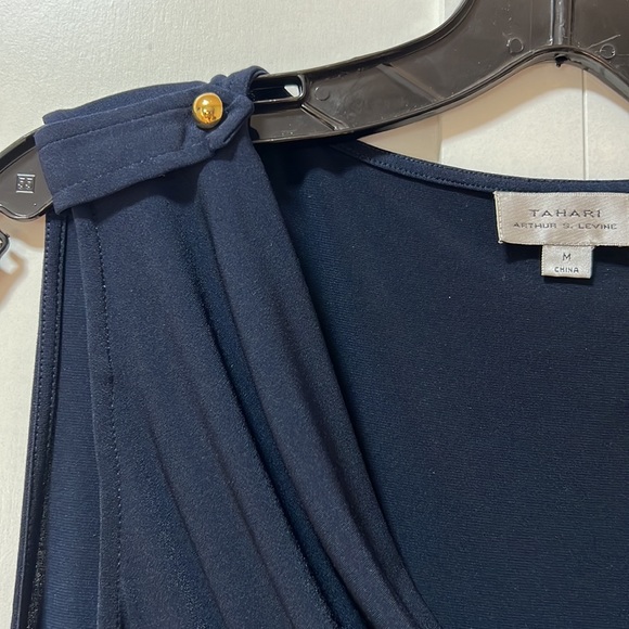 Tahari Navy Sleeveless Blouse with Gold Buttons in Shoulder and Scoop Neckline - Picture 2 of 3